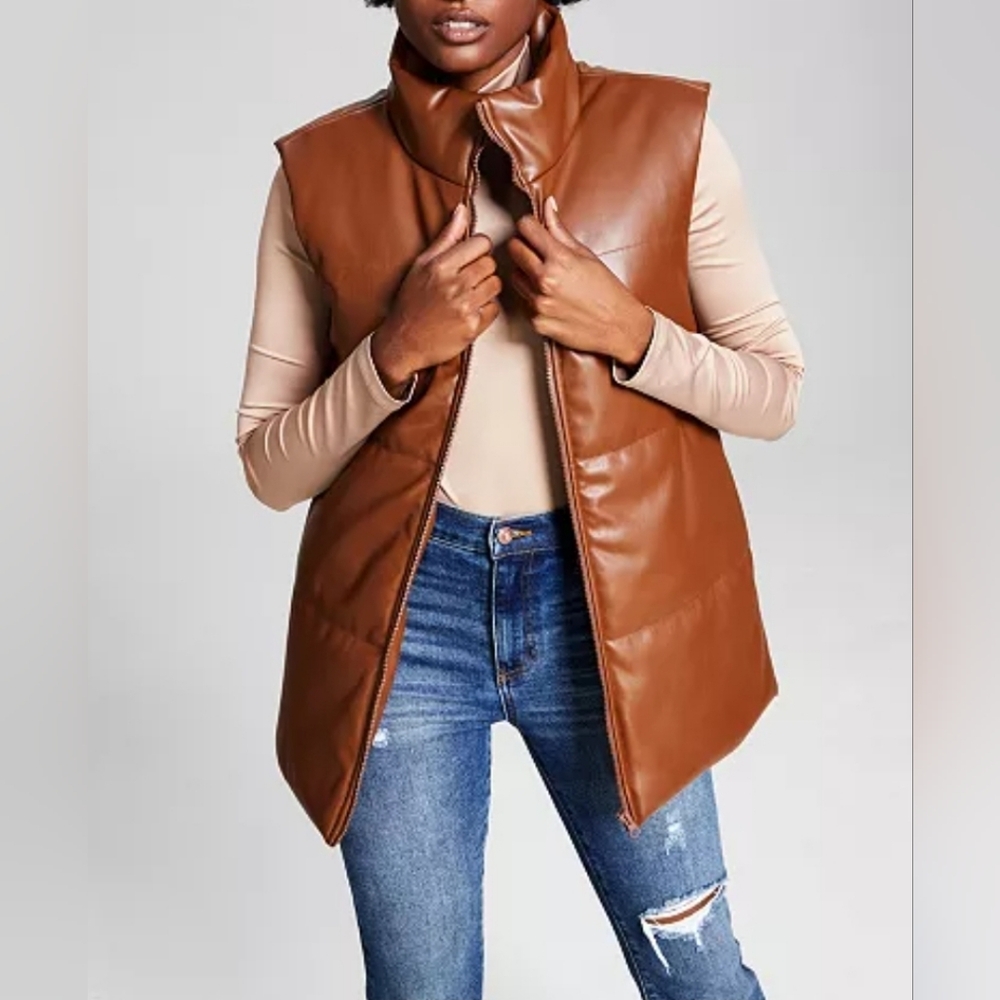 And Now This Brown Faux Leather Puffer Vest, Size XS